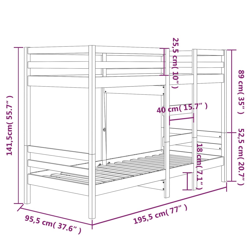 Køyeseng uten madrass 90x190 cm heltre furu