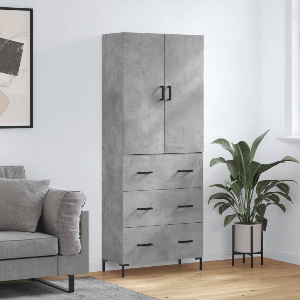 Highboard betonggrå 69,5x34x180 cm konstruert tre