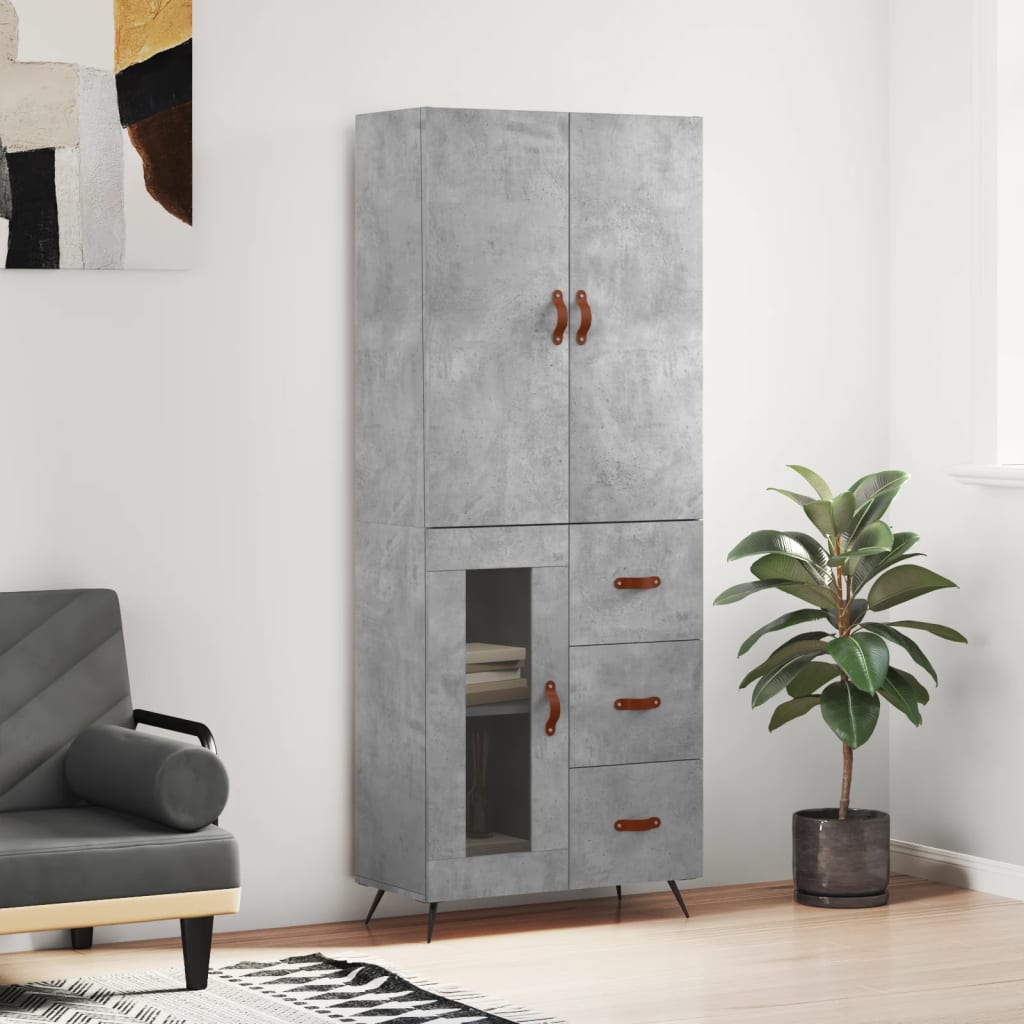 Highboard betonggrå 69,5x34x180 cm konstruert tre