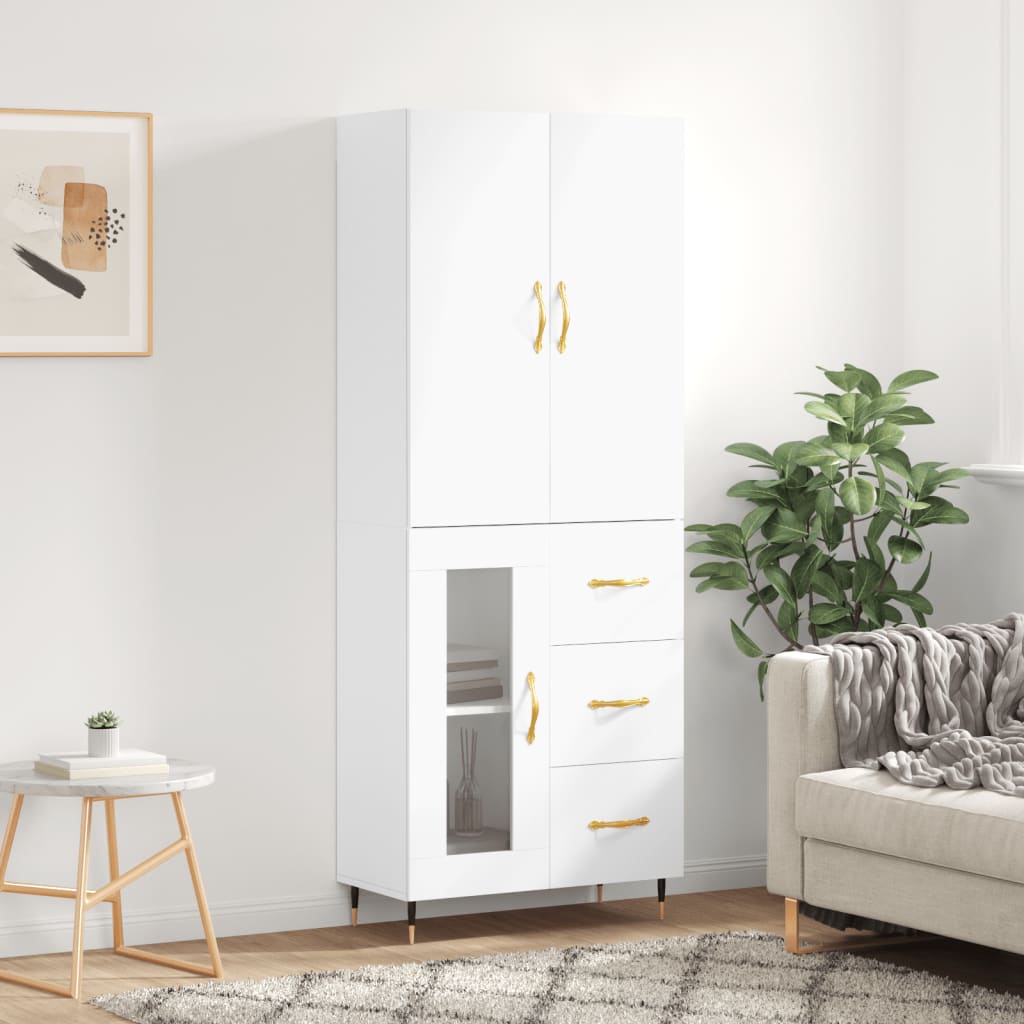 Highboard hvit 69,5x34x180 cm konstruert tre