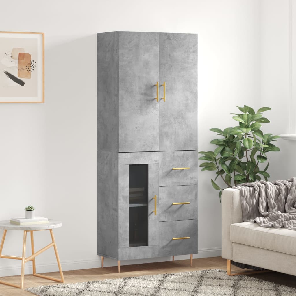 Highboard betonggrå 69,5x34x180 cm konstruert tre