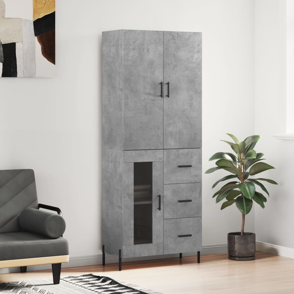 Highboard betonggrå 69,5x34x180 cm konstruert tre