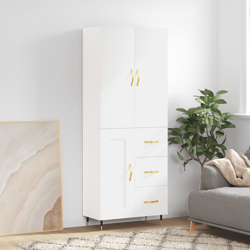 Highboard hvit 69,5x34x180 cm konstruert tre