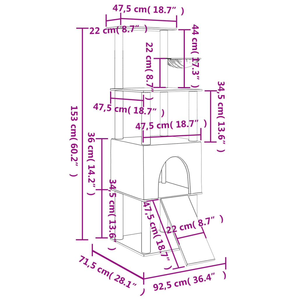 Kattetre med klorestolper i sisal lysegrå 153 cm