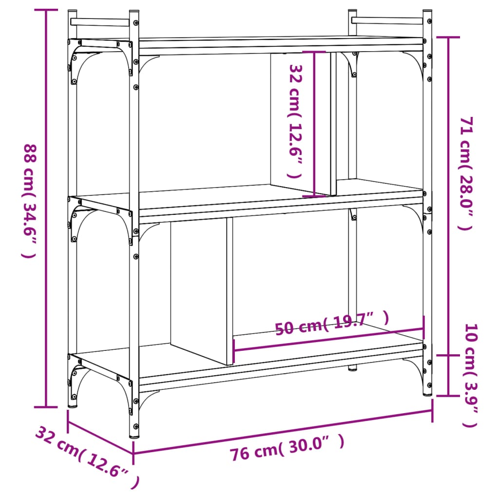 Bokhylle 3 etasjer brun eik 76x32x88 cm konstruert tre