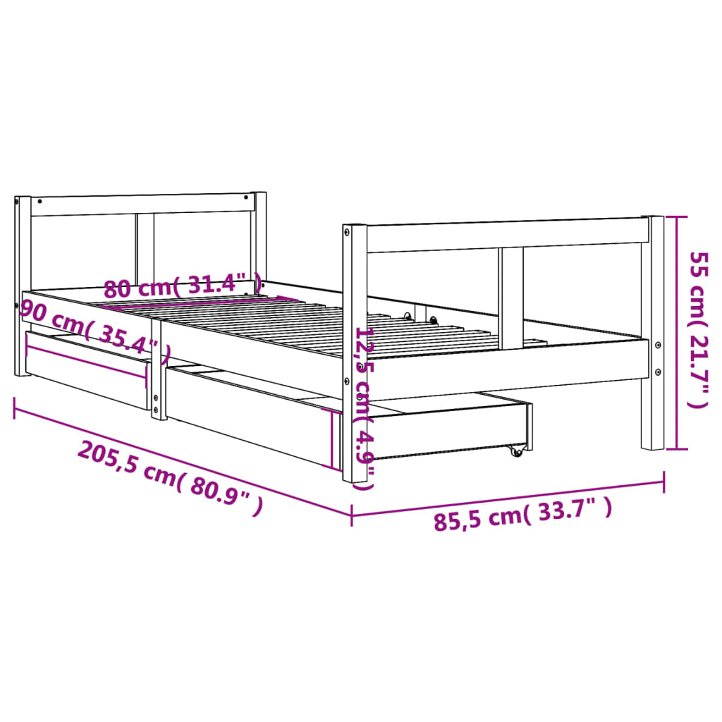 Barnesengeramme med skuffer hvit 80x200 cm heltre furu