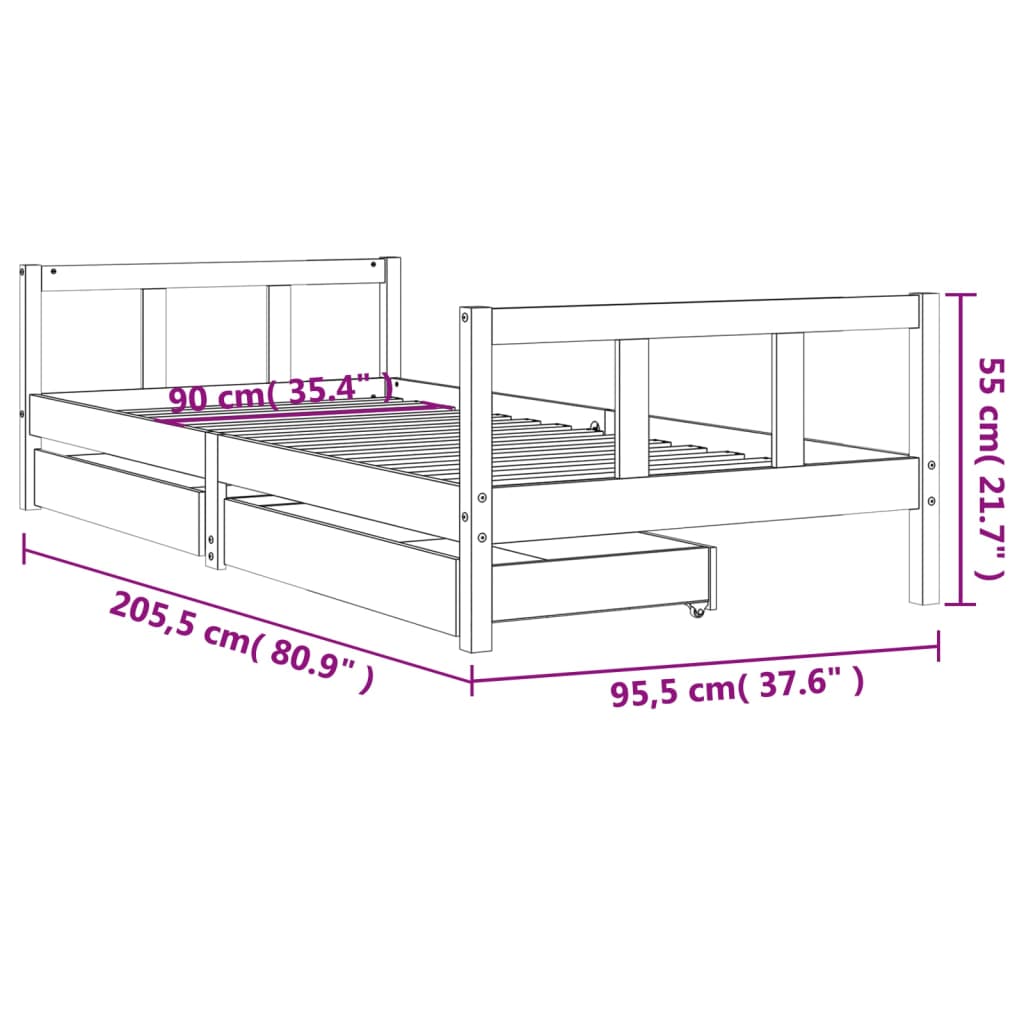 Barnesengeramme med skuffer hvit 90x200 cm heltre furu