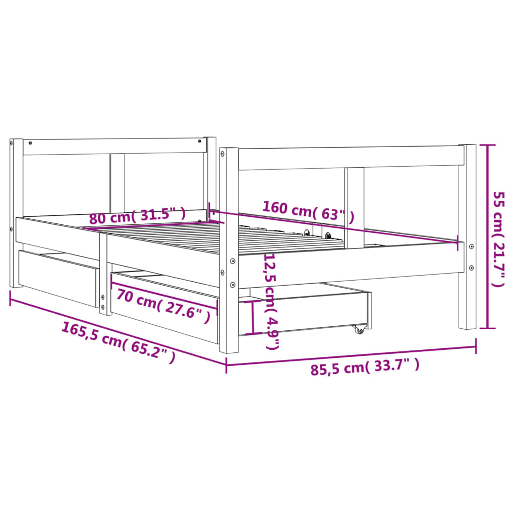 Barnesengeramme med skuffer 80x160 cm heltre furu
