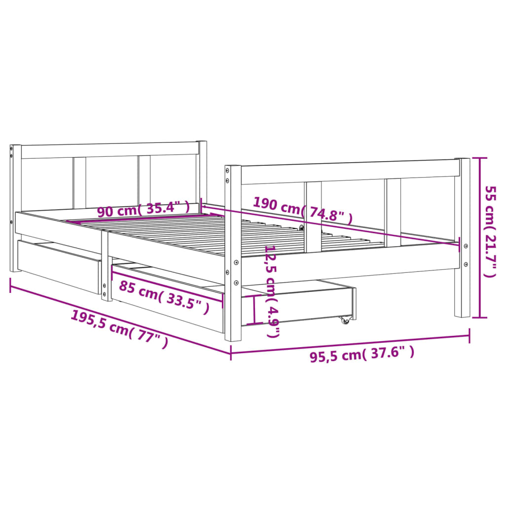 Barnesengeramme med skuffer hvit 90x190 cm heltre furu