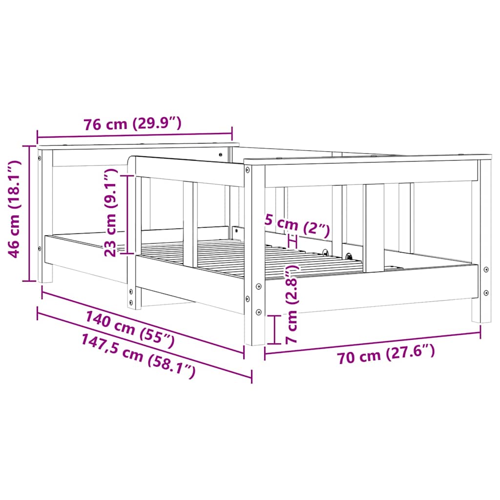 Barnesengeramme hvit 70x140 cm heltre furu
