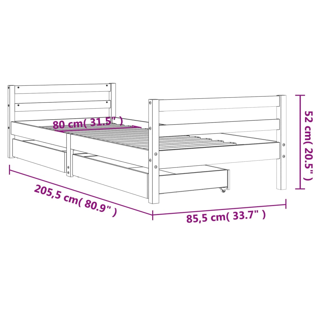 Barnesengeramme med skuffer hvit 80x200 cm heltre furu