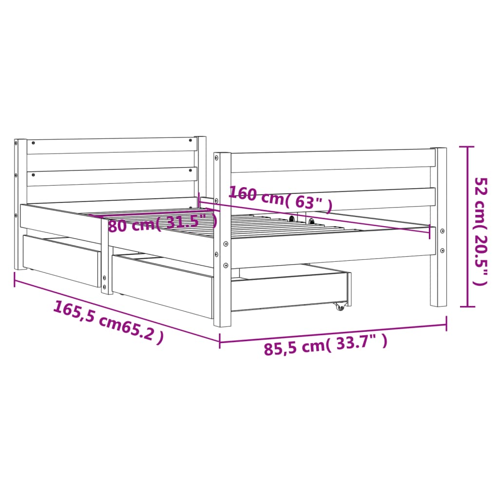 Barnesengeramme med skuffer 80x160 cm heltre furu