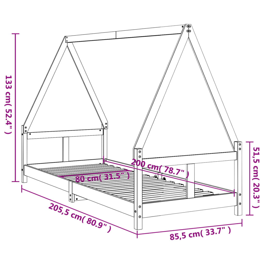 Barnesengeramme hvit 80x200 cm heltre furu