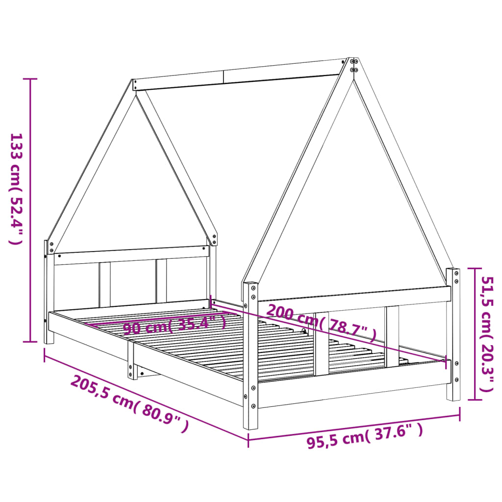 Barnesengeramme svart 90x200 cm heltre furu