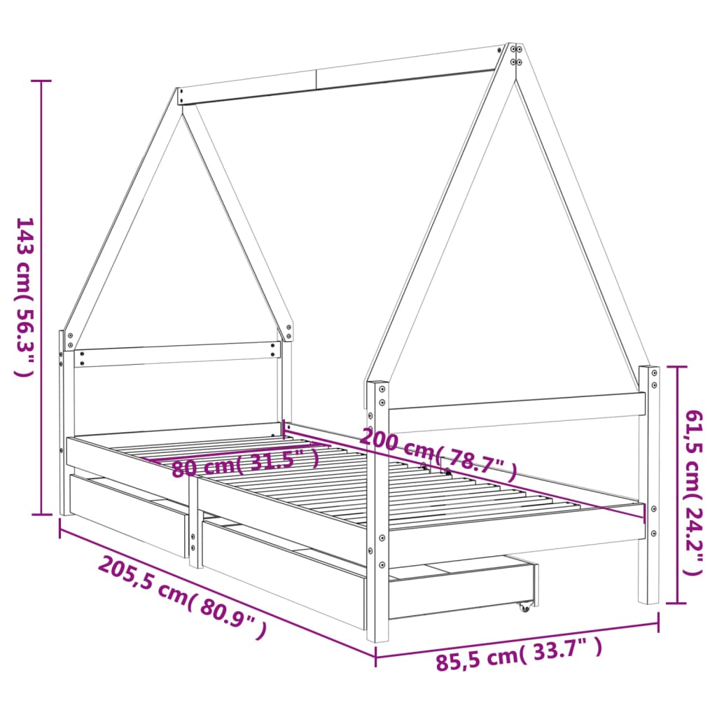Barnesengeramme med skuffer 80x200 cm heltre furu