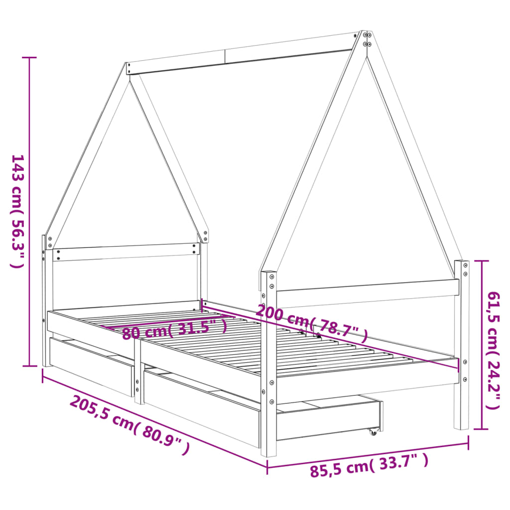 Barnesengeramme med skuffer hvit 80x200 cm heltre furu