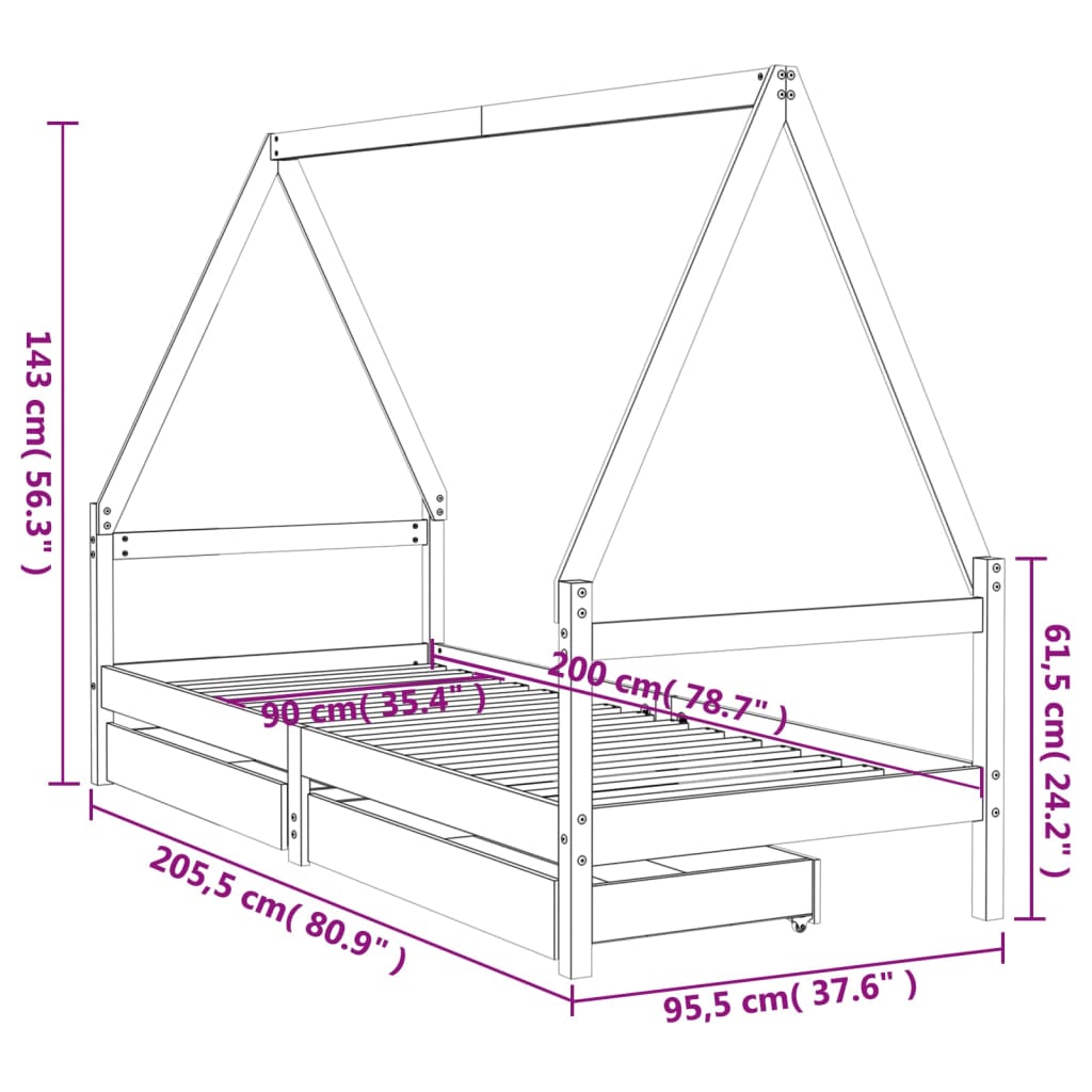 Barnesengeramme med skuffer svart 90x200 cm heltre furu