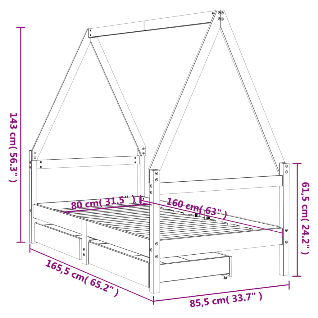 Barnesengeramme med skuffer 80x160 cm heltre furu