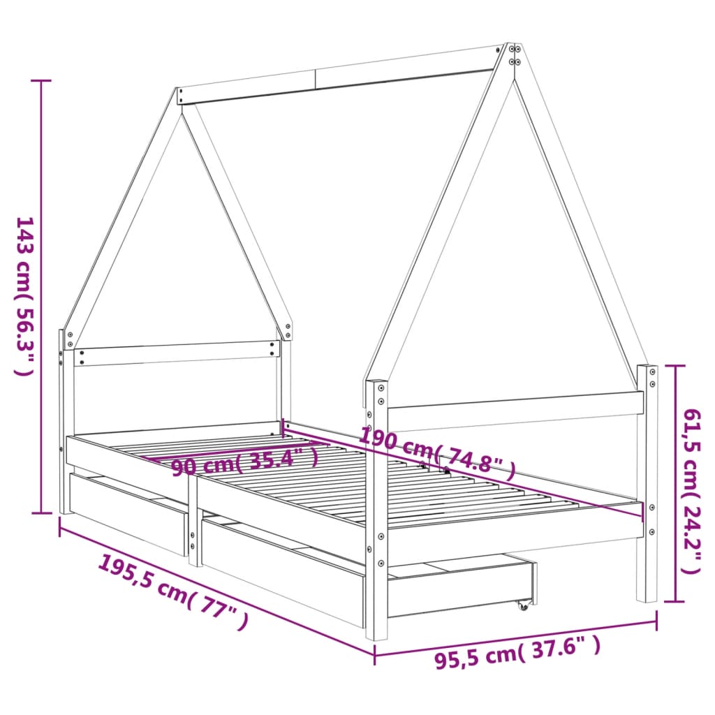 Barnesengeramme med skuffer 90x190 cm heltre furu