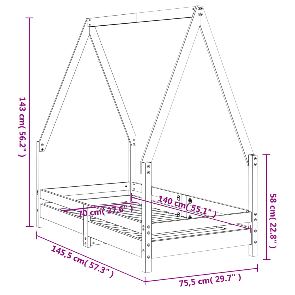 Barnesengeramme hvit 70x140 cm heltre furu