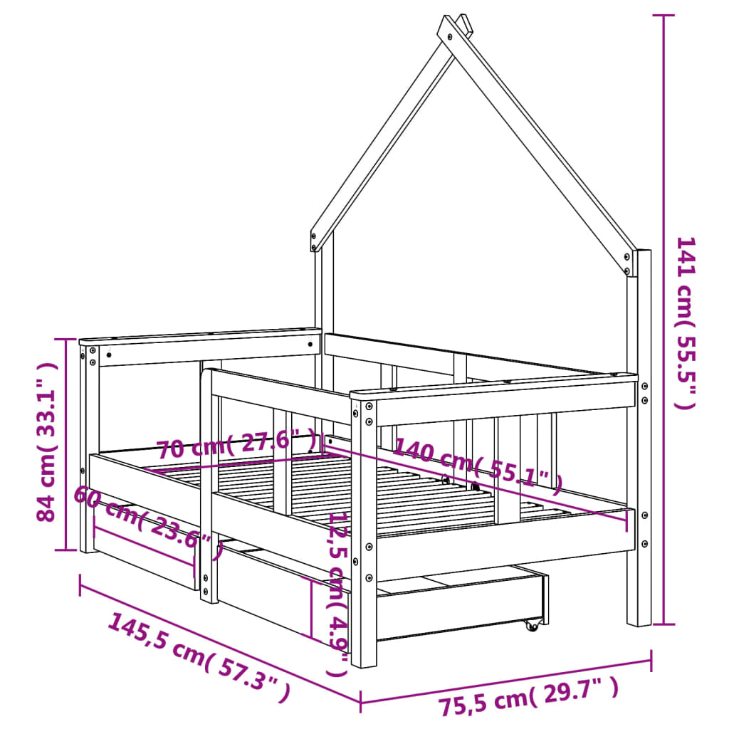 Barnesengeramme med skuffer 70x140 cm heltre furu