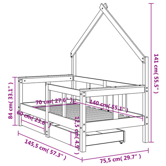 Barnesengeramme med skuffer 70x140 cm heltre furu