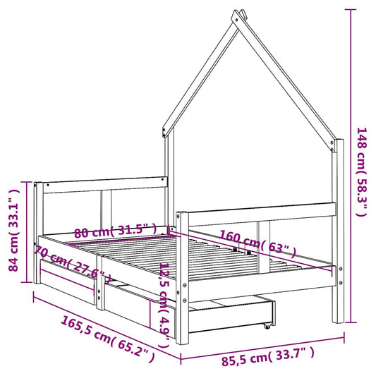 Barnesengeramme med skuffer 80x160 cm heltre furu