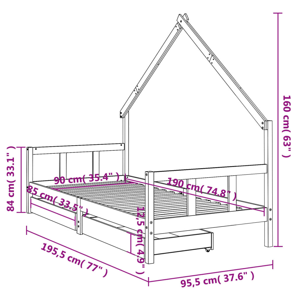Barnesengeramme med skuffer hvit 90x190 cm heltre furu