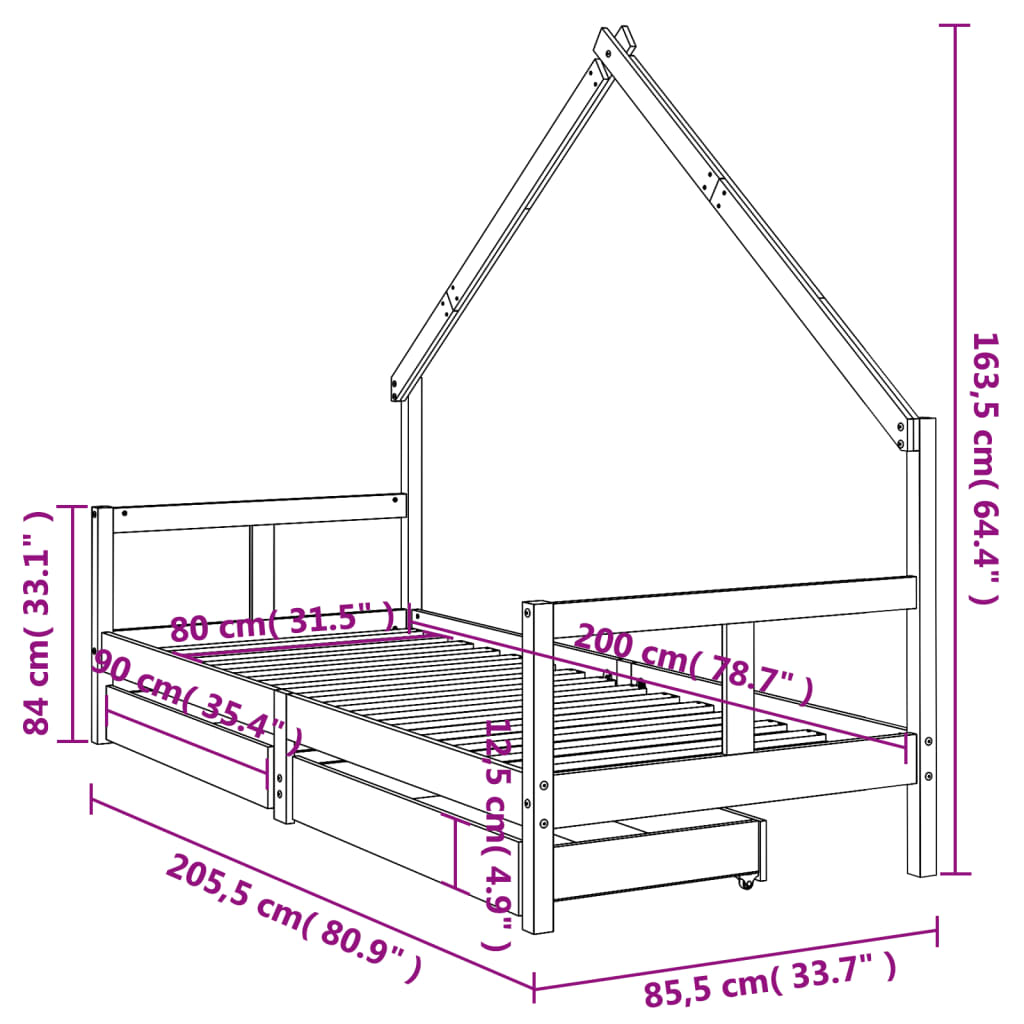 Barnesengeramme med skuffer svart 80x200 cm heltre furu