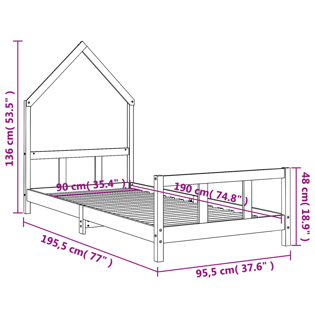 Barnesengeramme hvit 90x190 cm heltre furu