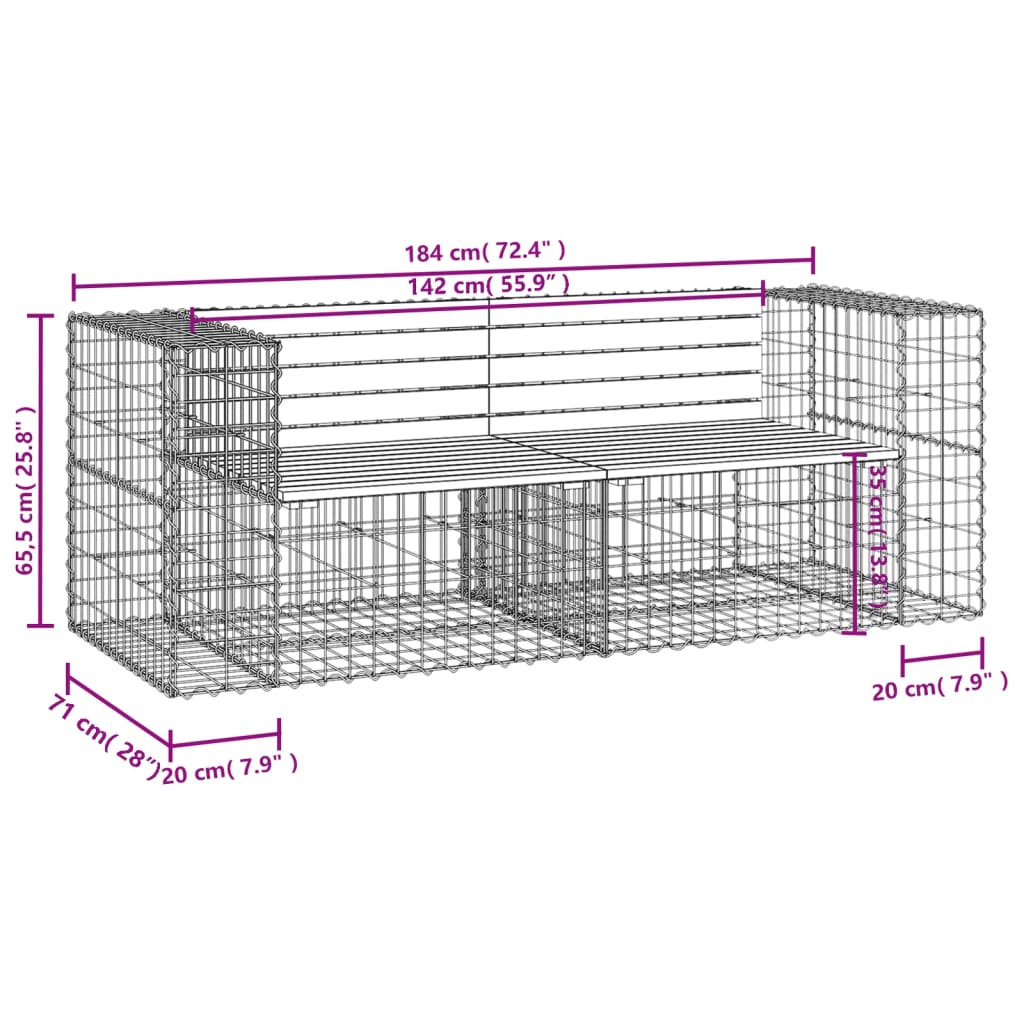 Hagebenk gabiondesign 184x71x65,5 cm heltre furu
