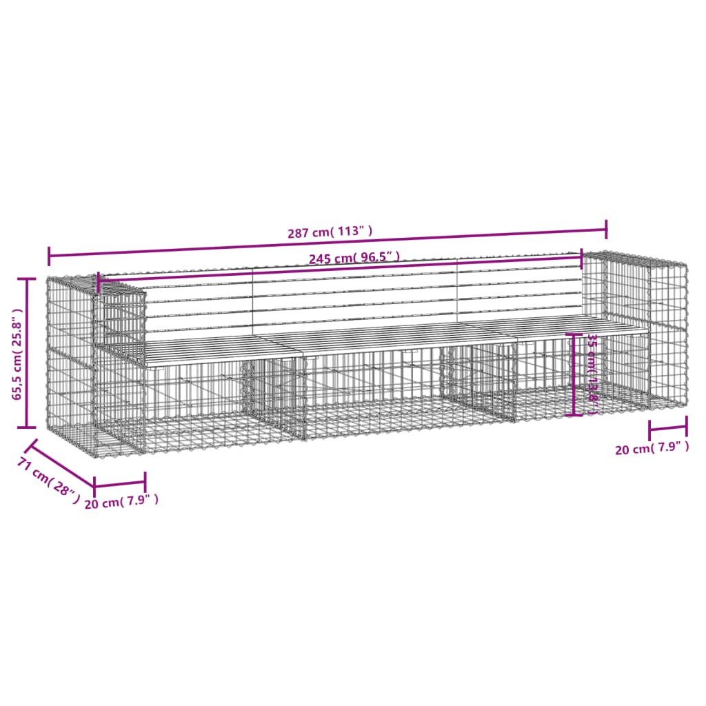 Hagebenk gabiondesign 287x71x65,5 cm heltre furu
