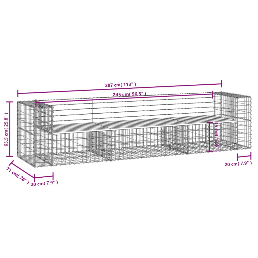 Hagebenk gabiondesign 287x71x65,5 cm impregnert furu
