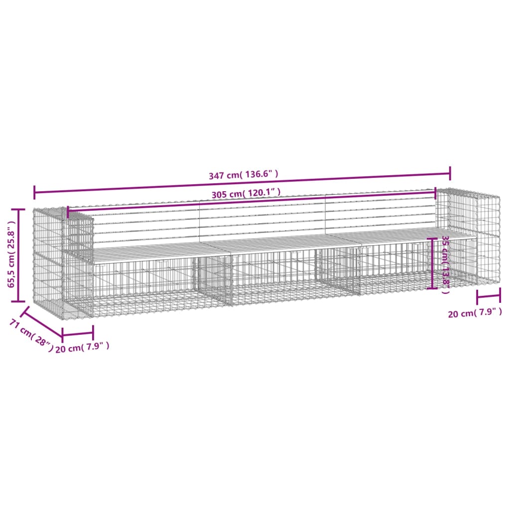 Hagebenk gabiondesign 347x71x65,5 cm impregnert furu