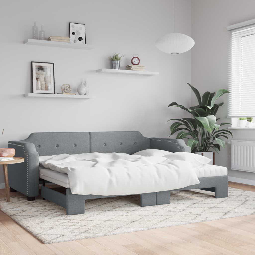 Uttrekkbar dagseng med madrass lysegrå 90x190 cm stoff