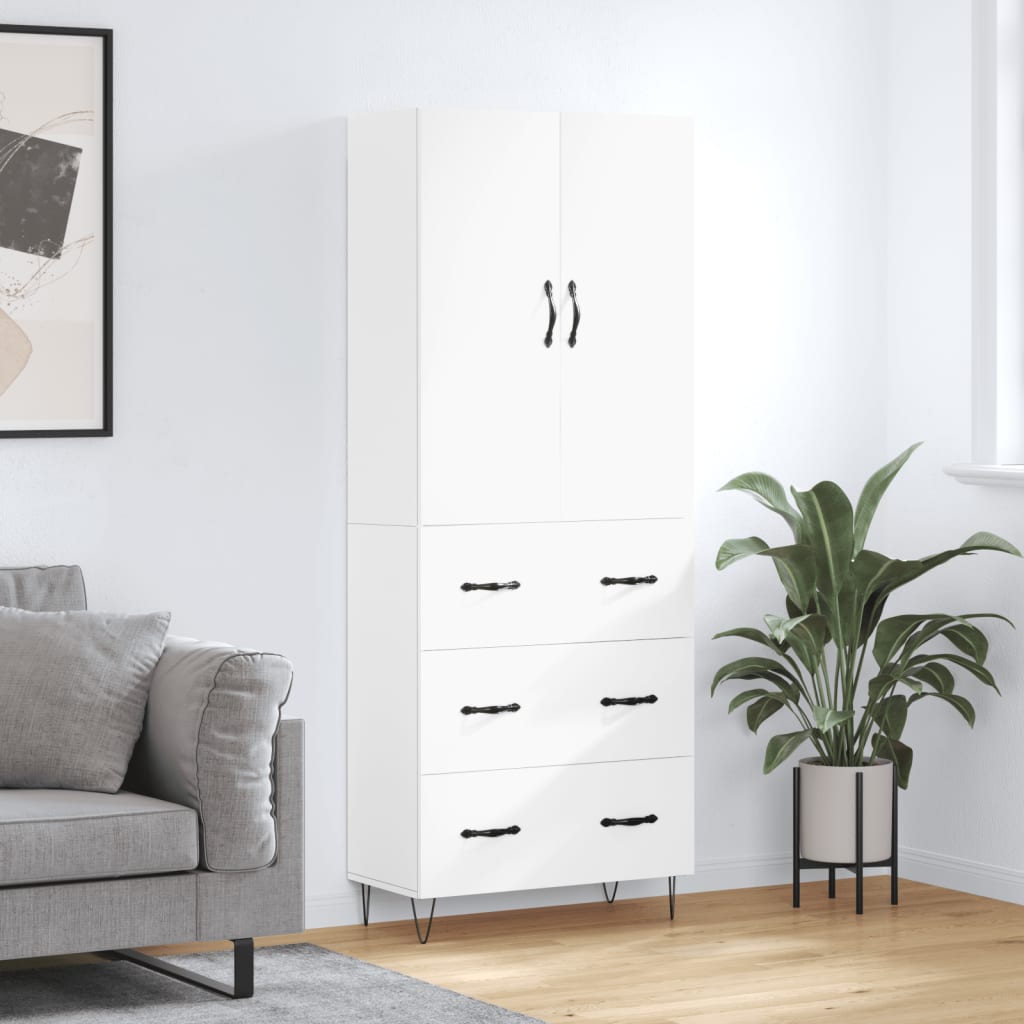 Highboard hvit 69,5x34x180 cm konstruert tre