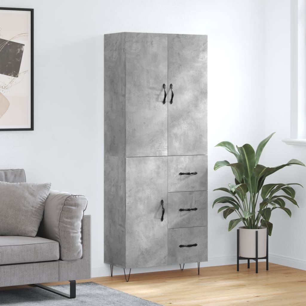 Highboard betonggrå 69,5x34x180 cm konstruert tre