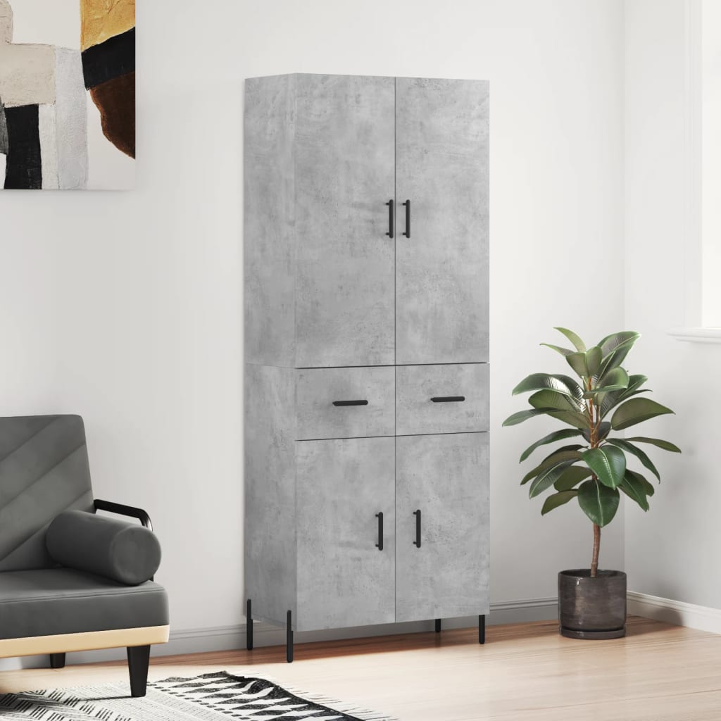 Highboard betonggrå 69,5x34x180 cm konstruert tre