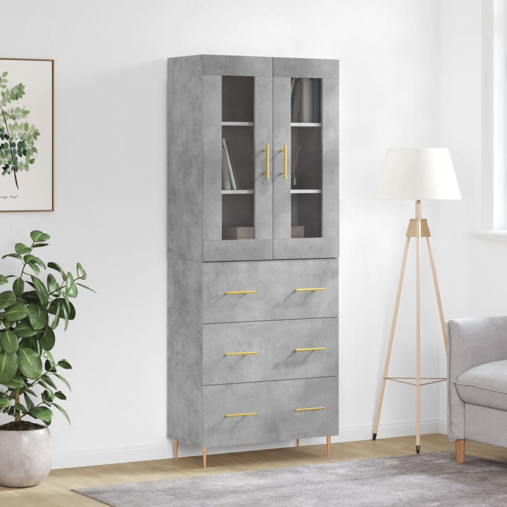 Highboard betonggrå 69,5x34x180 cm konstruert tre