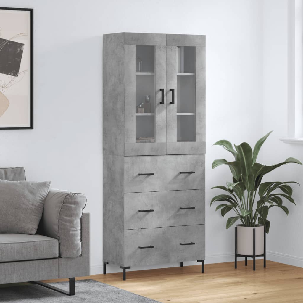 Highboard betonggrå 69,5x34x180 cm konstruert tre