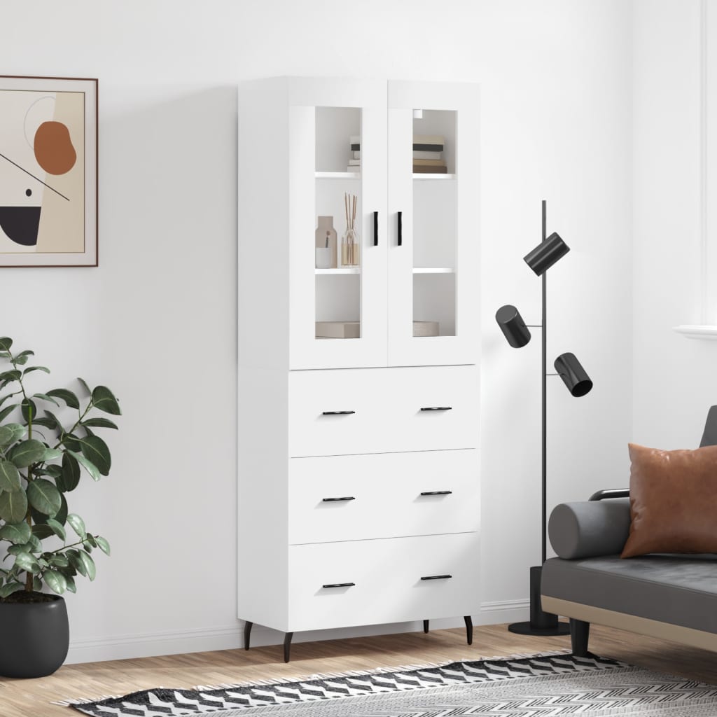 Highboard hvit 69,5x34x180 cm konstruert tre