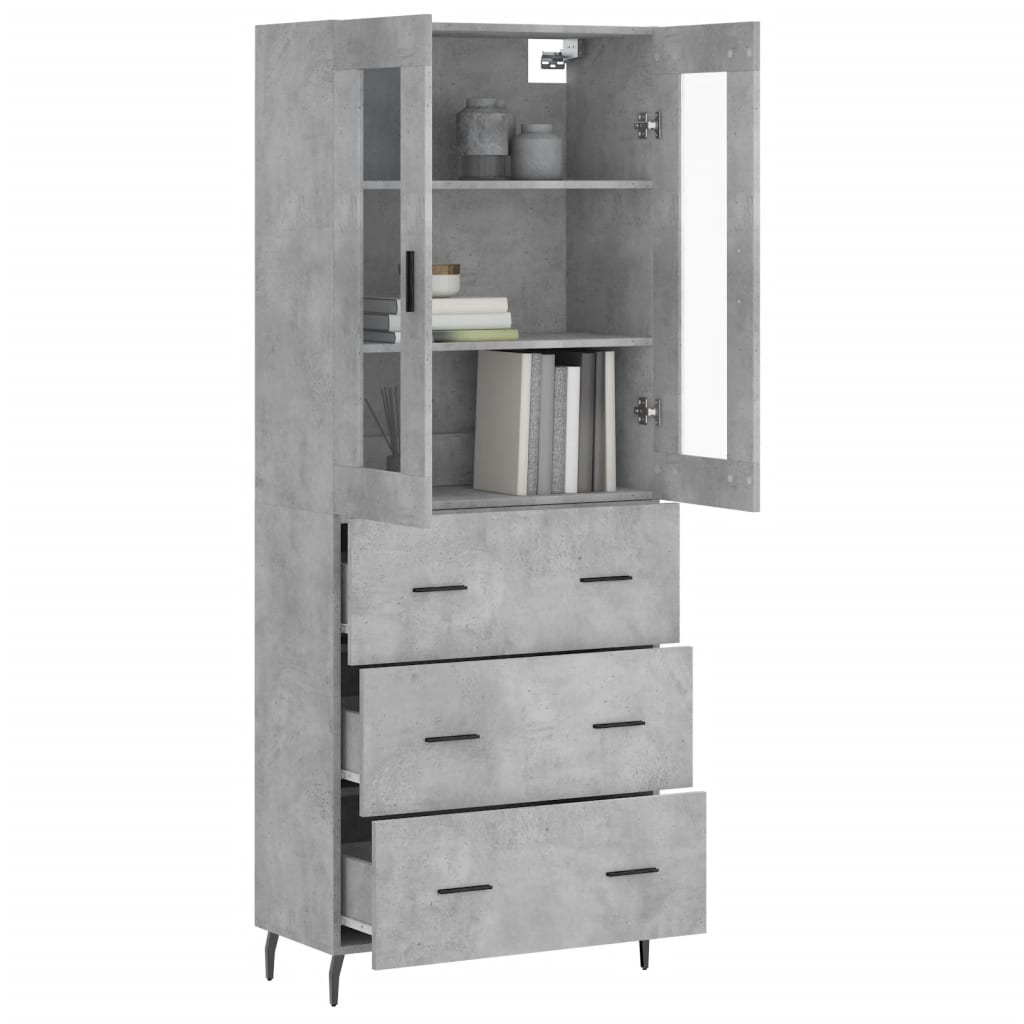 Highboard betonggrå 69,5x34x180 cm konstruert tre