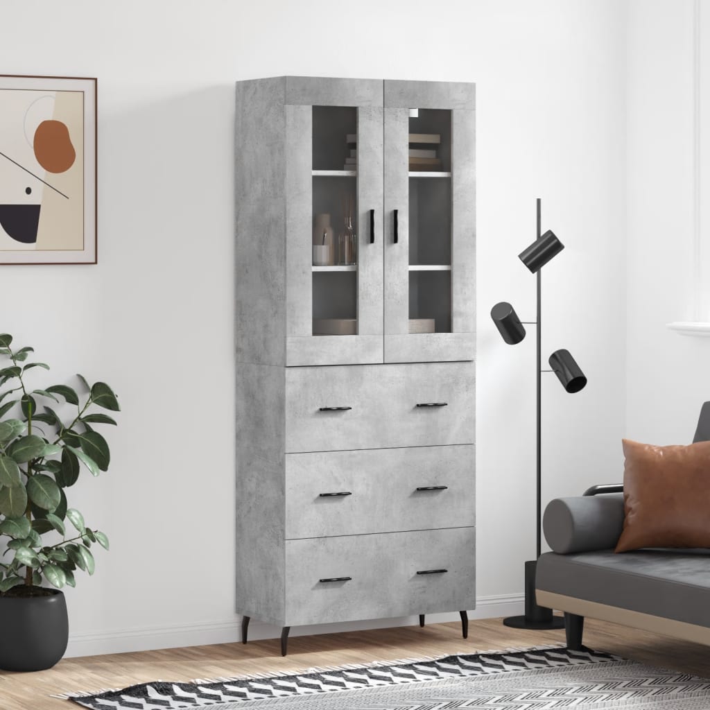 Highboard betonggrå 69,5x34x180 cm konstruert tre
