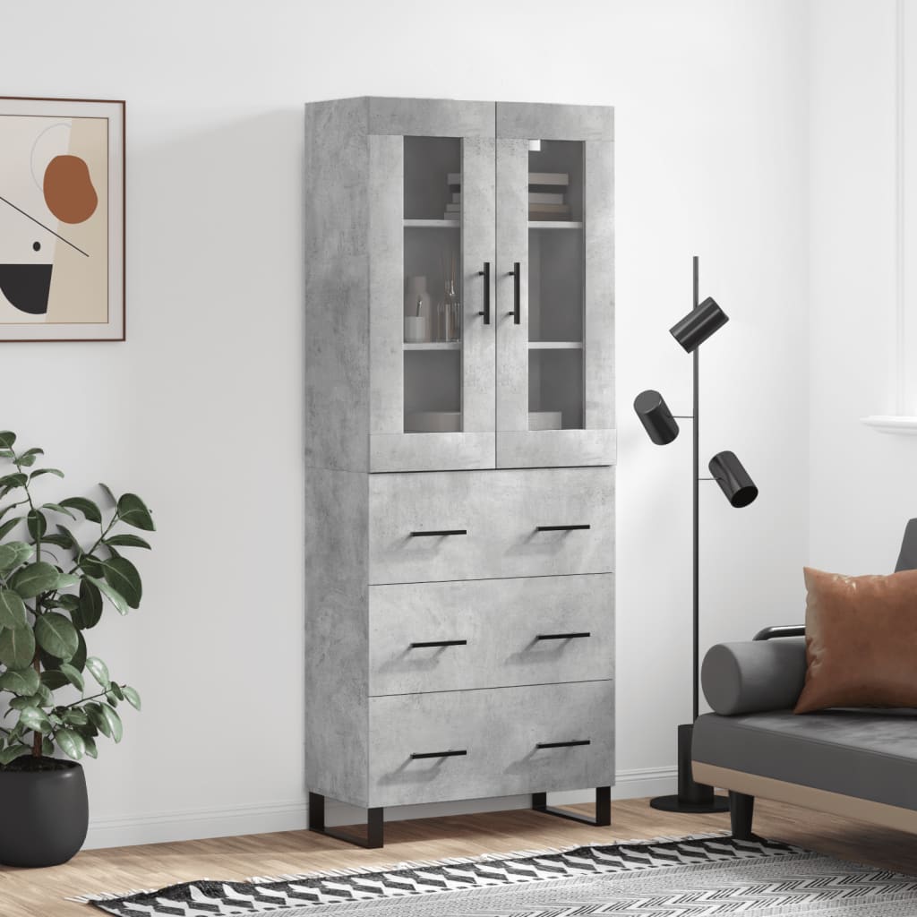 Highboard betonggrå 69,5x34x180 cm konstruert tre