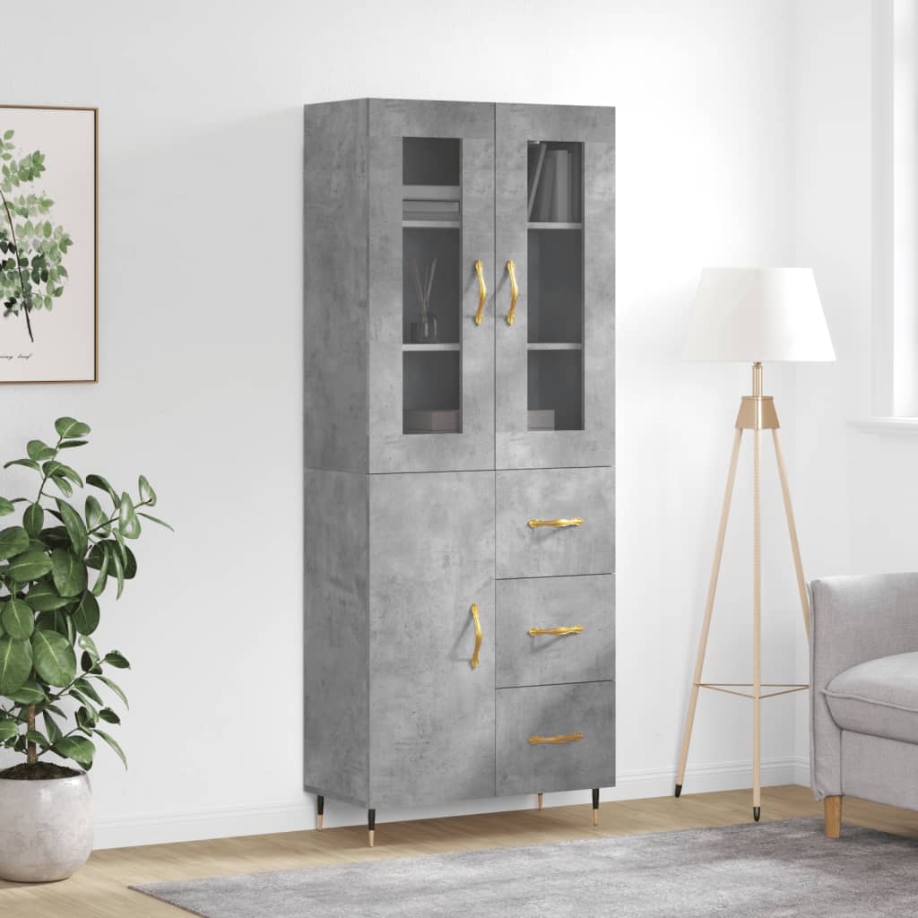 Highboard betonggrå 69,5x34x180 cm konstruert tre