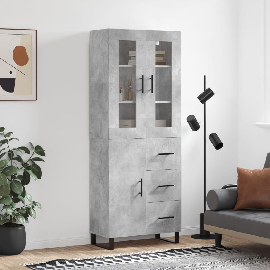 Highboard betonggrå 69,5x34x180 cm konstruert tre