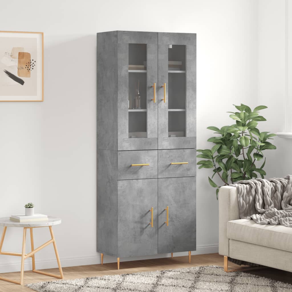Highboard betonggrå 69,5x34x180 cm konstruert tre