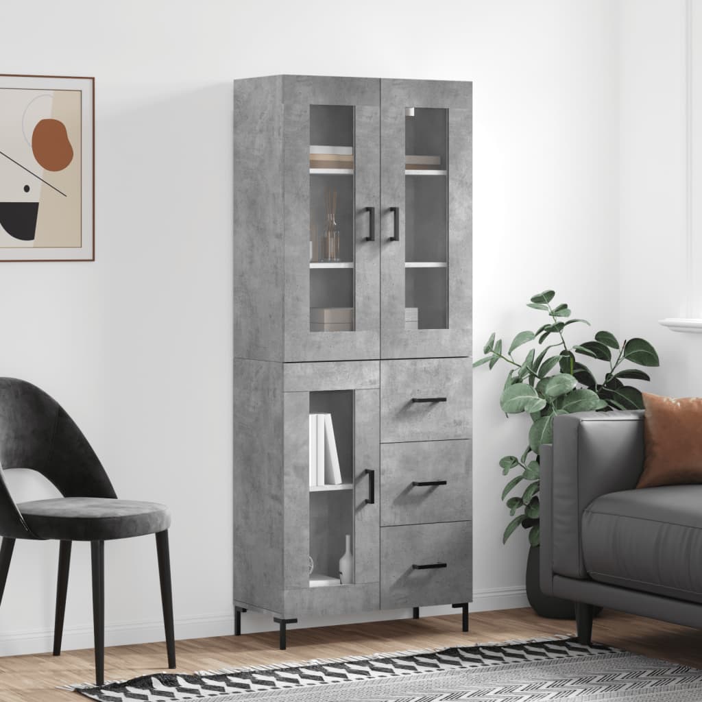 Highboard betonggrå 69,5x34x180 cm konstruert tre