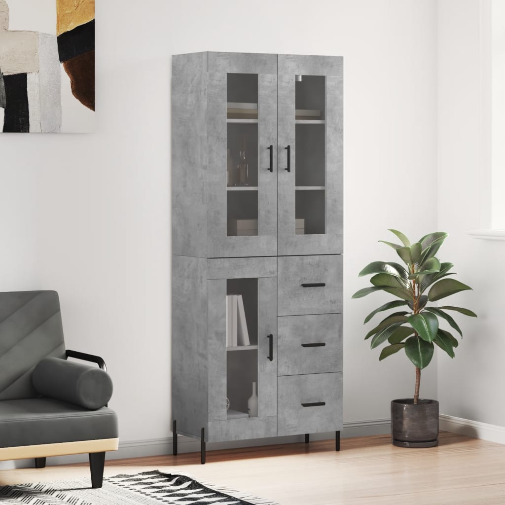 Highboard betonggrå 69,5x34x180 cm konstruert tre