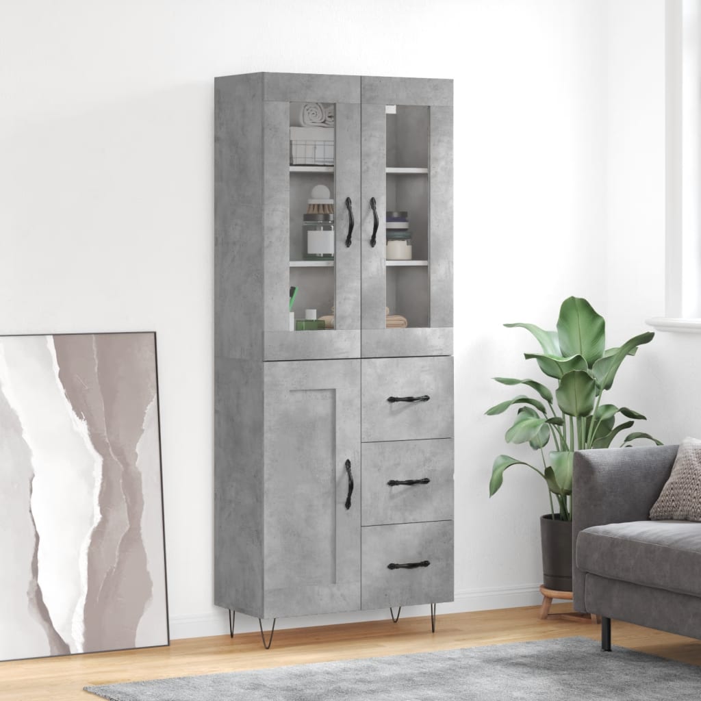 Highboard betonggrå 69,5x34x180 cm konstruert tre